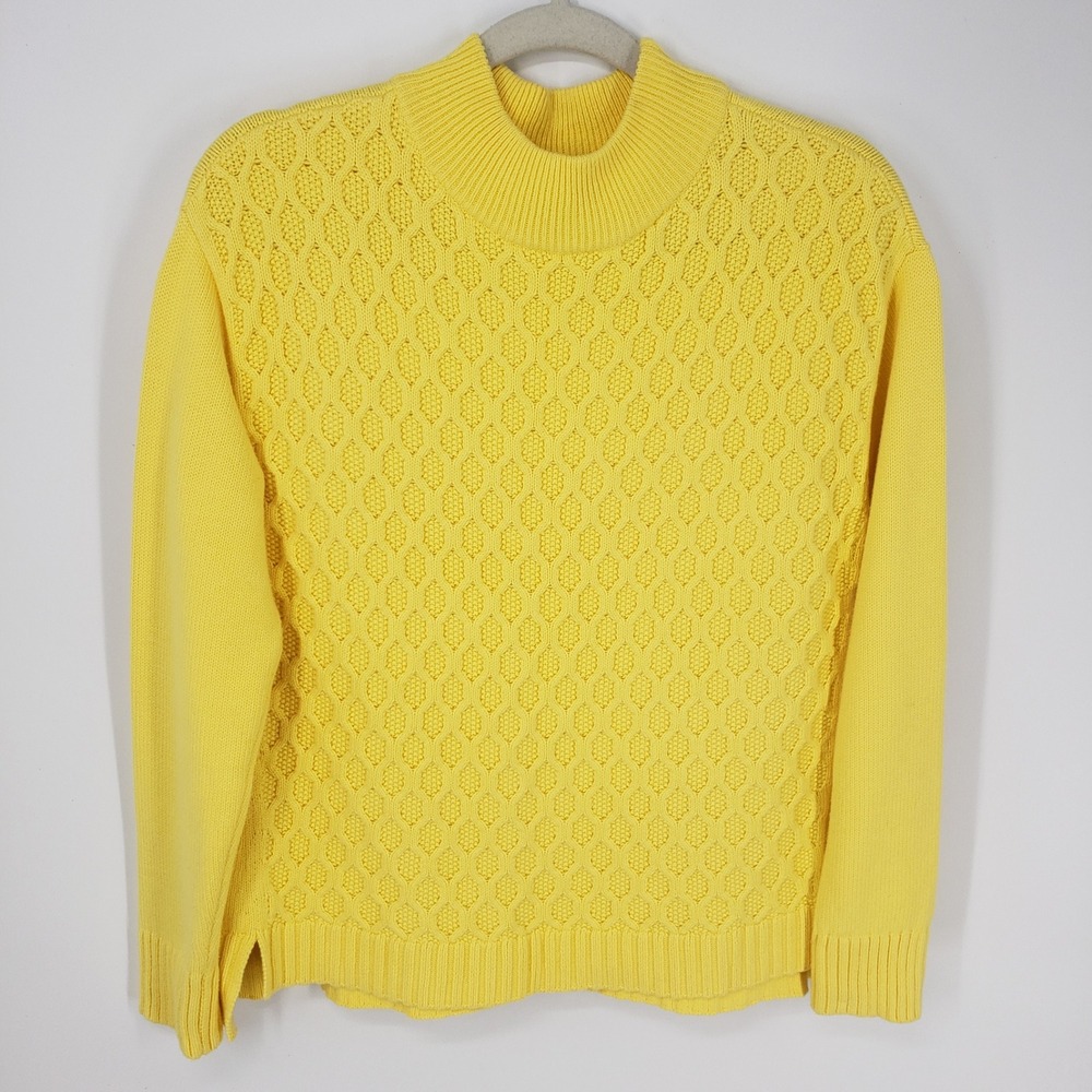 Talbots Honeycomb Knit Mock Neck Sweater Womens Medium Yellow Long Sleeve Cotton